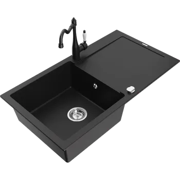 Granitový dřez Mexen Leo granitový dřez 1-komorový s odkapávačem a kuchyňskou baterií Carla, černý - 6501-77-670700-70 Granitové dřezy s baterií