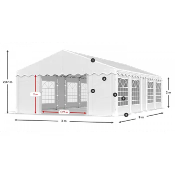 Zahradní stavba Párty stan 3x9x2m střecha PE 240g/m2 boky PE 240g/m2 konstrukce LÉTO Bílá Šedá Červená