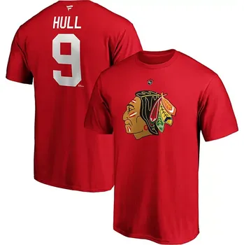 Fanatics Pánské tričko Bobby Hull #9 Chicago Blackhawks NHL Authentic Stack Retired Player Name & Number T-Shirt - Red Velikost: M