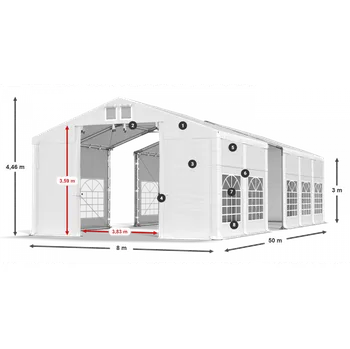 Zahradní stan Párty stan 8x50x3m střecha PVC 620g/m2 boky PVC 620g/m2 konstrukce ZIMA PLUS Šedá Bílá Šedá