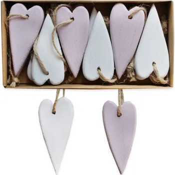 Zahradní dekorace Srdce závěs dřevo 12ks/8cm bílá/lila