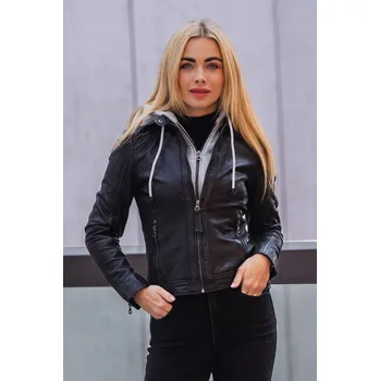 Dámská casual bunda Černá kožená bunda s kapucí GWAllie Velikost S