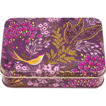 Dóza na potraviny PLUM SONGBIRD fialová plechová dóza 2636 ptáček a zlaté lístky a květy