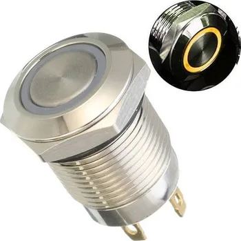 Vypínač stiskací OFF-ON 12mm, 250V/2A, žluté prosvětlení 12V