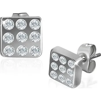 Náušnice Ocelové náušnice čtvercové, devět čirých zirkonů