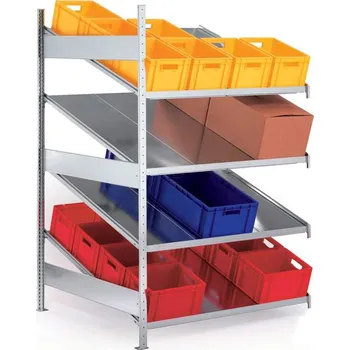 Dílenský regál Jednostranný spádový regál CLIP, v x š x h: 2000 x 1300 x 1228 mm, 4 police, nosnost 200 kg, přídavný