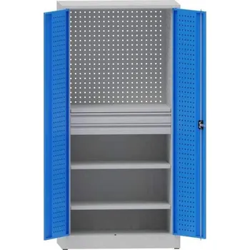 Dílenská skříň na nářadí, v x š x h: 1950x950x500 mm, perforované panely, 2 x police, 2 x zásuvka, barva šedá RAL7035/modrá RAL5012