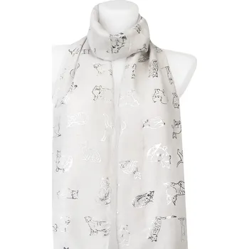 Šátek Dámský lehký obdélníkový šál 345-8 se stříbrným potiskem koček, bílé barvy 7200648-7