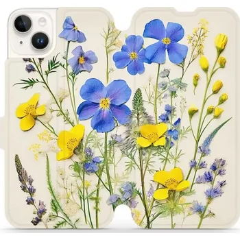 Pouzdro na mobilní telefon Flipové pouzdro Mobiwear - Apple iPhone 14 Plus - VP41S Modré a žluté kvítky (Knížkové flip pouzdro, obal, kryt na mobil Apple iPhone 14 Plus - VP41S Modré a žluté kvítky, materiál Umělá kůže + TPU - ochrana 360°, stojánek, silikonová vanička, magnetické)