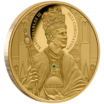 Portrét korunovace krále Karla III. 1 oz 2023 zlatá mince se smaragdem Proof 31,1 g