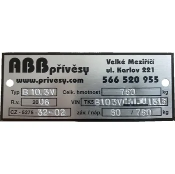 Příslušenství pro přívěs Agados Originální výrobní štítek na přívěsy ABB přívěsy