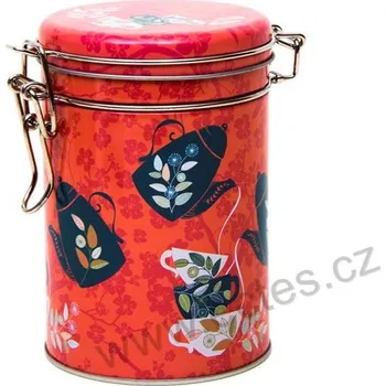 Dóza na potraviny FLAVOURS červená hermetická plechová dóza s klipem na čaj a kávu 824 s černými konvičkami