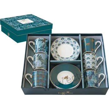 Easy Life JUNGLE zelené porcelánové espresso šálky s podšálky listy, palmy a opičky *COFFEE MANIA* 100ml 6 ks