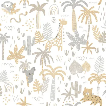 Tapeta ICH Wallcoverings Papírová dětská tapeta se zvířátky, palmami a listy 454-2, Pippo, ICH Wallcoverings, velikost 0,53 x 10,05 m