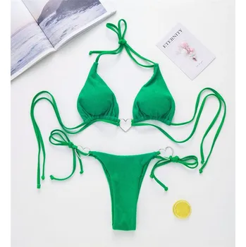 Dámské plavky Dámské plavky dvojdílné "T-string" s kovovými srdíčky Barva: zelená, Velikost: L