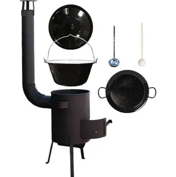Kempingové nádobí Smaltovaný kotlík 16 L + Paella smaltovaná pánev 42 cm + žáruvzdorná kotlina 39 PLUS 600 s roštem na popel 4 mm