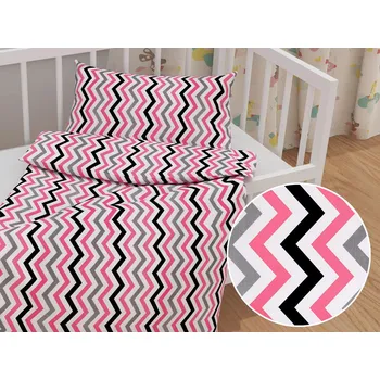 Povlečení Dětské bavlněné povlečení do postýlky Sandra SA-377 Růžovo-šedo-černé cik-cak proužky Do postýlky 90x130 a 40x60 cm
