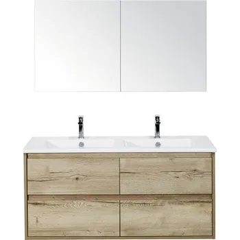Koupelnový nábytek Koupelnový nábytkový set Porto 120 cm s keramickým dvojitým umyvadlem 4 zásuvky a zrcadlovou skříňkou dub přírodní