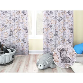 ubrus Dětský bavlněný závěs Sandra SA-335 Africká zvířátka na šedém zebrovaném 150x180 cm