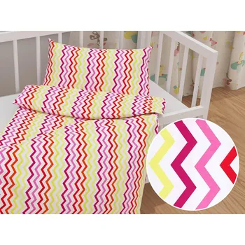 Povlečení Dětské bavlněné povlečení do postýlky Sandra SA-379 Žluto-růžovo-červené cik-cak proužky Do postýlky 90x140 a 50x70 cm