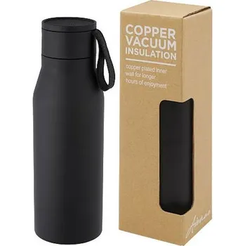 Láhev Nerezová láhev o objemu 500&nbsp;ml s měděnou vakuovou izolací, páskem z PU kůže a víčkem Ljungan, černá