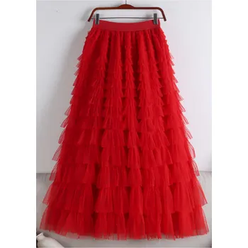 Dámská sukně Dámská odstupňovaná tylová maxi sukně s vysokým pasem Barva: Červená