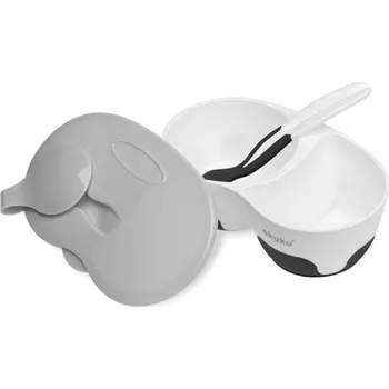 Akuku Dětská dvoukomorová miska se lžičkou bílo-černá
