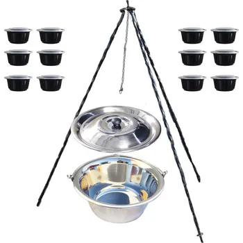 Kempingové nádobí Nerezový kotlík 10 L (0,8 mm) INOX + poklice + trojnožka 1,20 m + plastové boxy (misky) s víkem pro servírování 12 ks