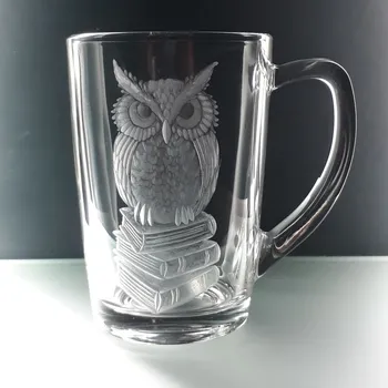 Hrnek skleněný na čaj 250ml s rytinou sovy - ručně ryté (broušené), dárková krabička