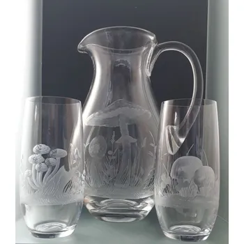 Sklenice džbán 1,5l + 6 ks Club 350 ml s rytinou hub - ručně ryté (broušené) dárek pro houbaře