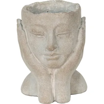 Květináč Šedý cementový květináč hlava ženy v dlaních S - 13*13*18 cm