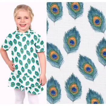 Mušelín v bílé barvě s digitálním potiskem pavích per 21536/050