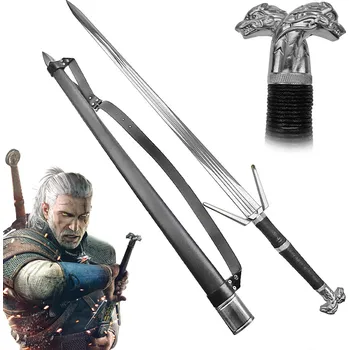 Replika zbraně Direct China Trade s.r.o. - Luxusní 1,5-ruční meč "Witcher - Zaklínač stříbrný" s pevnou pochvou a zádovým popruhem