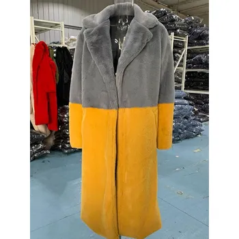 Dámský kabát Dvoubarevný kožich dlouhý plyšový kabát na zimu Velikost: M, Barva (Varianta): Šedá žlutá