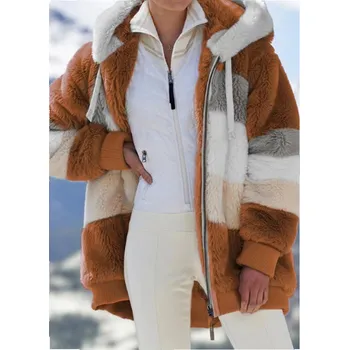 Zimní "oversize" dámský kabát s kožíškem vel. S - 5XL Barva: čokoládová, Velikost: XXL