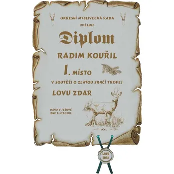 Diplom dětské soutěže v myslivosti č.741 pergamen z překližky