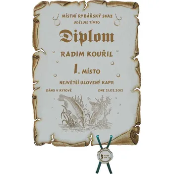 Diplom největší ryba č.757 pergamen z překližky