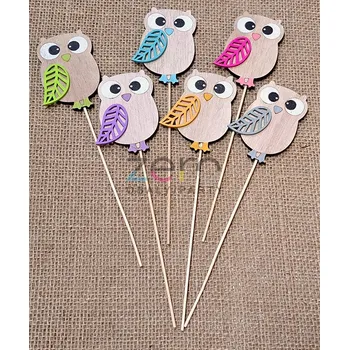Zápich sova dřěvěná (6 ks) - přírodní s barevným