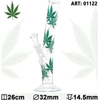 Skleněný bong Multi Leaf Hangover, 26cm, 14,5mm (Prvotřídní vysoký skleněný bong Multi Leaf hangover, na těle zdobený zelenými listy konopí, jistě potěší všechny milovníky skleněných bongů.)
