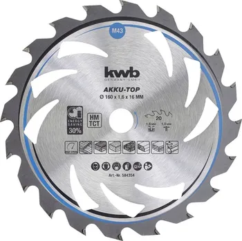 Pilový kotouč kwb 584354 tvrdokovový pilový kotouč 160 x 16 x 1 mm Počet zubů (na palec): 20 1 ks