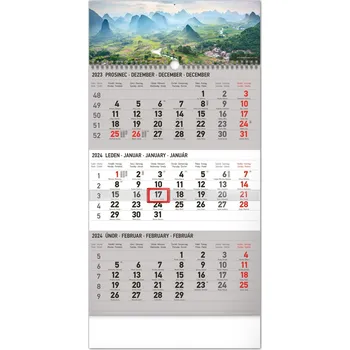 Kalendář Presco Group Nástěnný kalendář 3měsíční šedý Krajina 2024