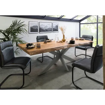 Jídelní stůl Jídelní stůl mango 200x100x77 přírodní lakovaný / křížový rám stříbrný matný METALL 5