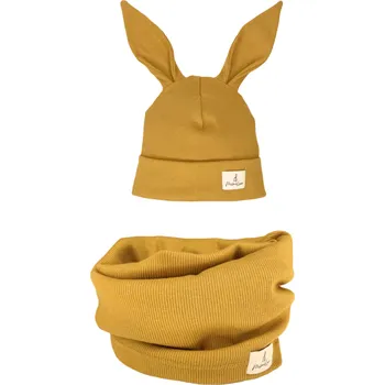 Dívčí mikina Mimilove Sada čepičky KRÁLÍČEK s nákrčníkem Tmavě hořčicová 06-24m.