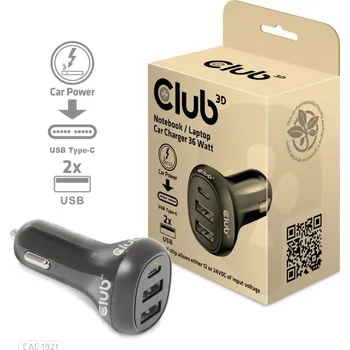 Pouzdro na mobilní telefon Club3D Auto nabíječka pro Notebooky 36W, 3 porty (2xUSB-A + USB-C) CAC-1921
