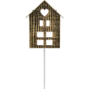 Zahradní dekorace Domek zápich dřevo 40cm natur/gold