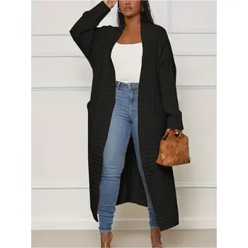 Dámský svetr Elegantní a extra dlouhý pletený cardigan s kapsami Barva: Černá, Velikost: XXXL