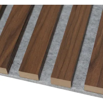 Obklad Lamele 3D VZOREK - Akustický panel - OŘECH | ŠEDÝ akustický podklad - ROZMĚR VZORKU: 200 x 100 mm