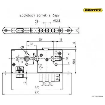 Dveřní kování Zadl.zámek bezp.dveří PP L Rostex s čepy
