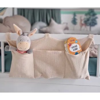 Příslušenství pro dětskou postel a kolébku Mušelínový kapsář/organizér na postýlku - 3 kapsy - SMETANOVÁ (Kapsář na postýlku)