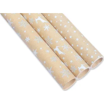 Papír Vánoční balící papír natur LWC, š. 70cm/2m, potisk bílý, mix vzorů